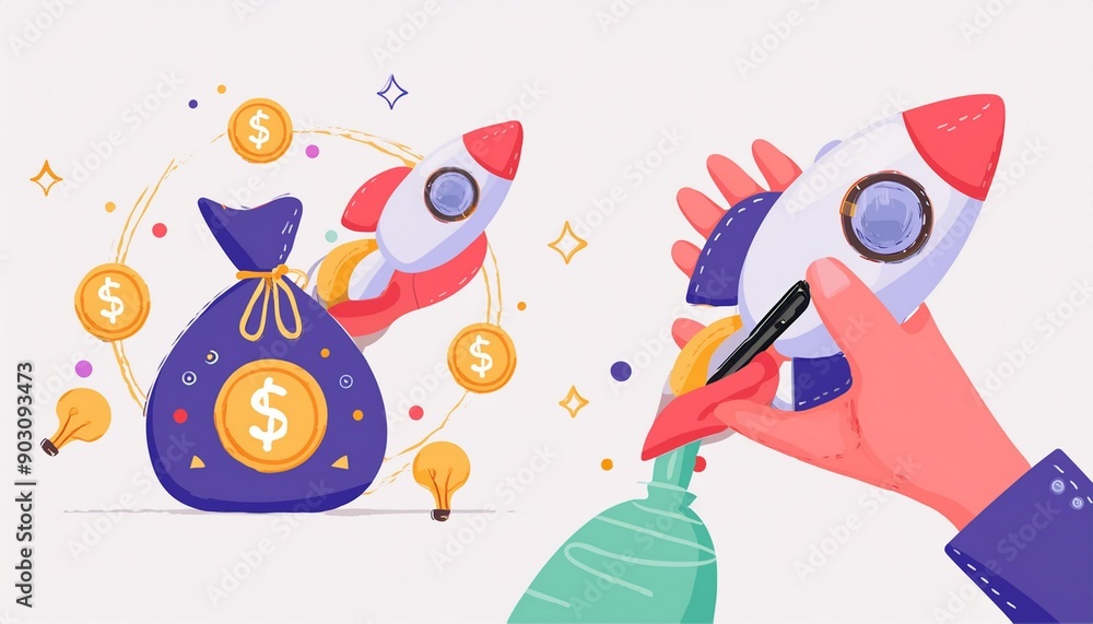rocket take-off and bag of money on green background, startup concept, 3D illustration rocket take-off and bag of money on green background, startup concept, 3D illustration