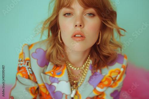 A woman dressed in colorful, patterned clothes and gold jewelry, exudes bold retro charm. Fashion portrait highlighting retro patterns and statement accessories. photo