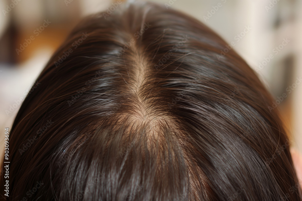 A top-down view of parted hair, highlighting scalp health, hair thickness, and overall hair quality. A top-down view of parted hair, highlighting scalp health, hair thickness, and overall hair quality.