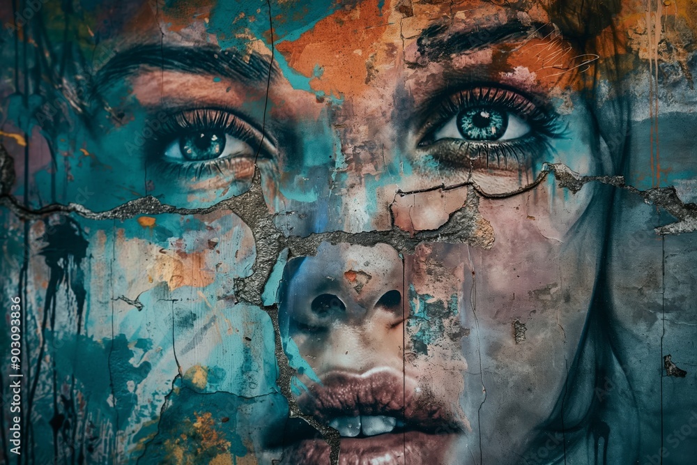A detailed painting of a woman's face on a old cracked wall, representing age and the decline of youth A detailed painting of a woman's face on a old cracked wall, representing age and the decline of youth