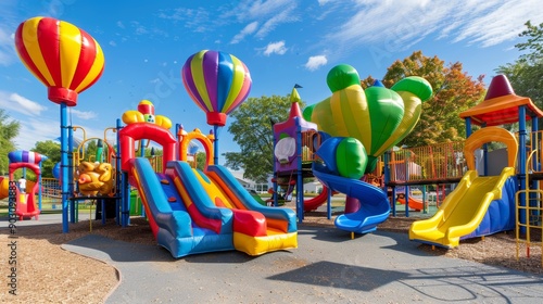 Colorful Balloon-Themed Playground with Hot Air Balloon Structures, Bounce Houses, and Inflatable Slides