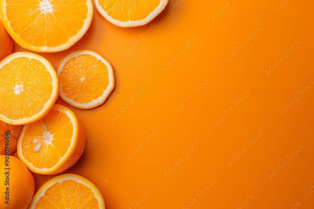 Several orange slices arranged on a bright orange background show their fresh, zesty, and vibrant allure in a top-down view. Several orange slices arranged on a bright orange background show their fresh, zesty, and vibrant allure in a top-down view.