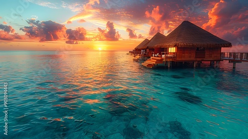 A captivating sunset over luxurious overwater bungalows, with their thatched roofs and wooden walkways silhouetted against the vibrant colors of the sky, and the crystal-clear turquoise water creating