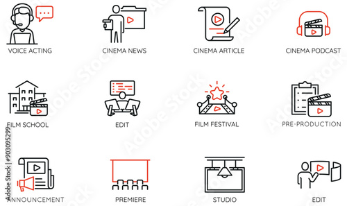 Vector Set of Linear Icons Related to Cinematography, Film Premiere, Cinema Production. Mono line pictograms and infographics design elements
