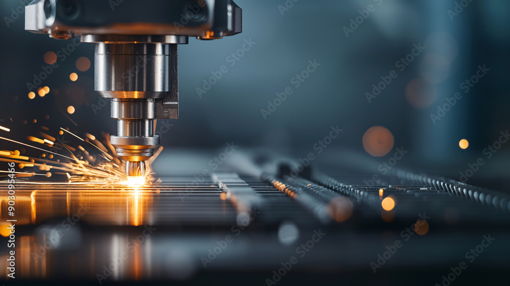 CNC machine drilling metal with sparks in industrial workshop CNC machine drilling metal with sparks in industrial workshop