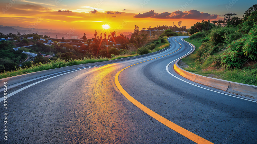 Winding Road at Sunset with Vibrant Sky.. Winding Road at Sunset with Vibrant Sky..