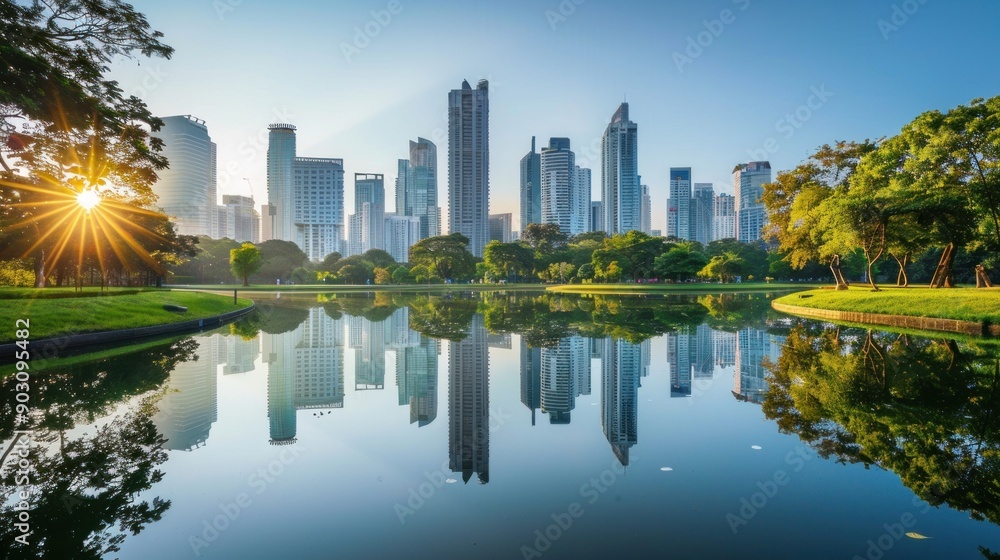 Naklejka premium Urban Oasis: Cityscape Reflected in a Serene Pond