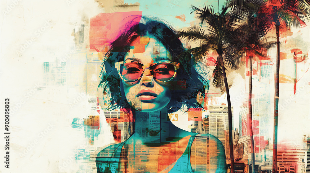 Portrait of a beautiful woman on abstract collage background, Illustration collage art Summertime concept Portrait of a beautiful woman on abstract collage background, Illustration collage art Summertime concept