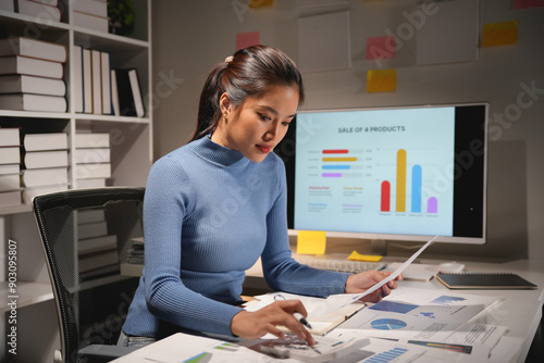 Focused young asian businesswoman working overtime in office at night, analyzing financial charts and sales data