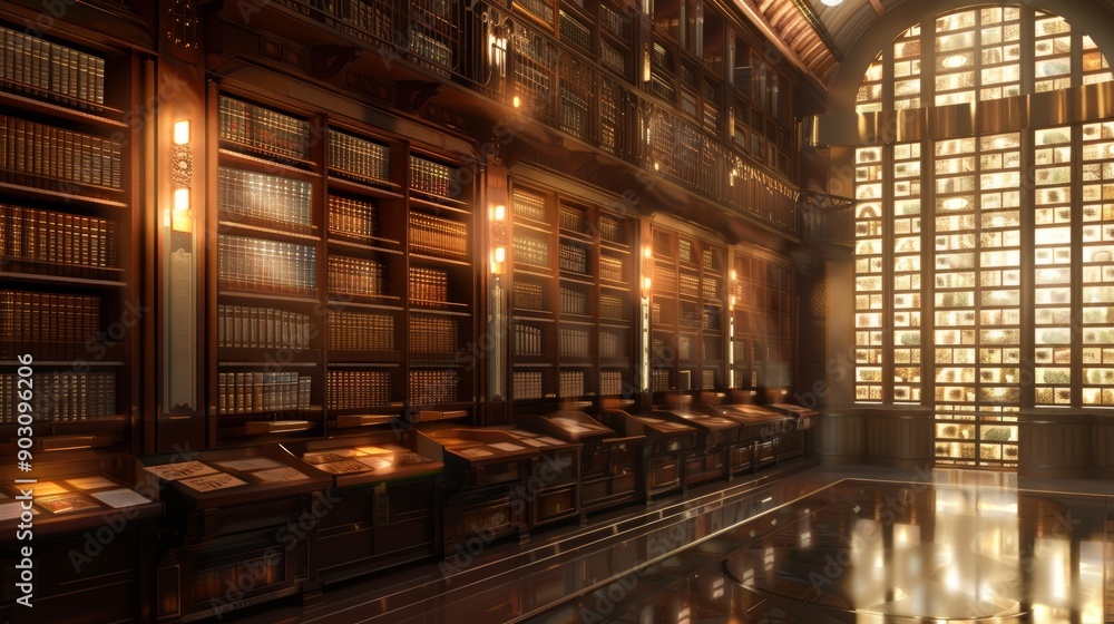 Elegant Library Interior Blending Traditional Wooden Shelves with Digital Screens Elegant Library Interior Blending Traditional Wooden Shelves with Digital Screens