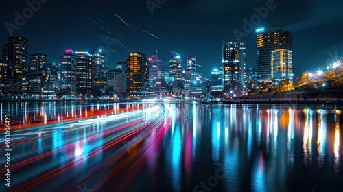 Cityscape at Night with Light Trails Reflecting on Water © MUCHIB
