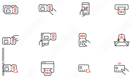 Vector Set of Linear Icons Related to purchasing a ticket to an event or trips, ticket pass. Mono line pictograms and infographics design elements