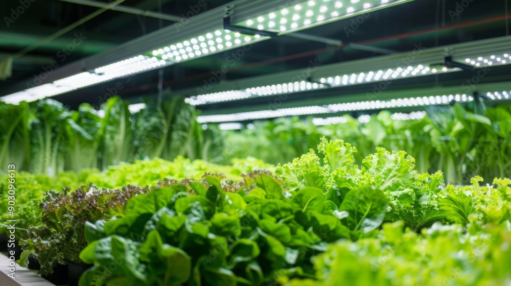Rows of lettuce plants grow under artificial lights in an indoor farm setting. Rows of lettuce plants grow under artificial lights in an indoor farm setting.