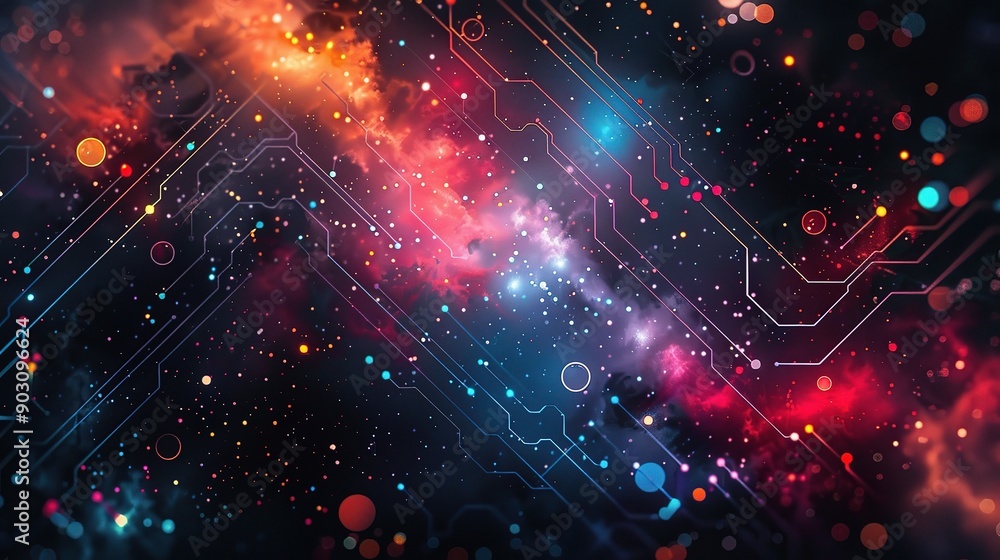 Cosmic Circuitry: A nebula of vibrant colors intertwines with intricate circuitry, symbolizing the fusion of technology and the cosmos. Cosmic Circuitry: A nebula of vibrant colors intertwines with intricate circuitry, symbolizing the fusion of technology and the cosmos.