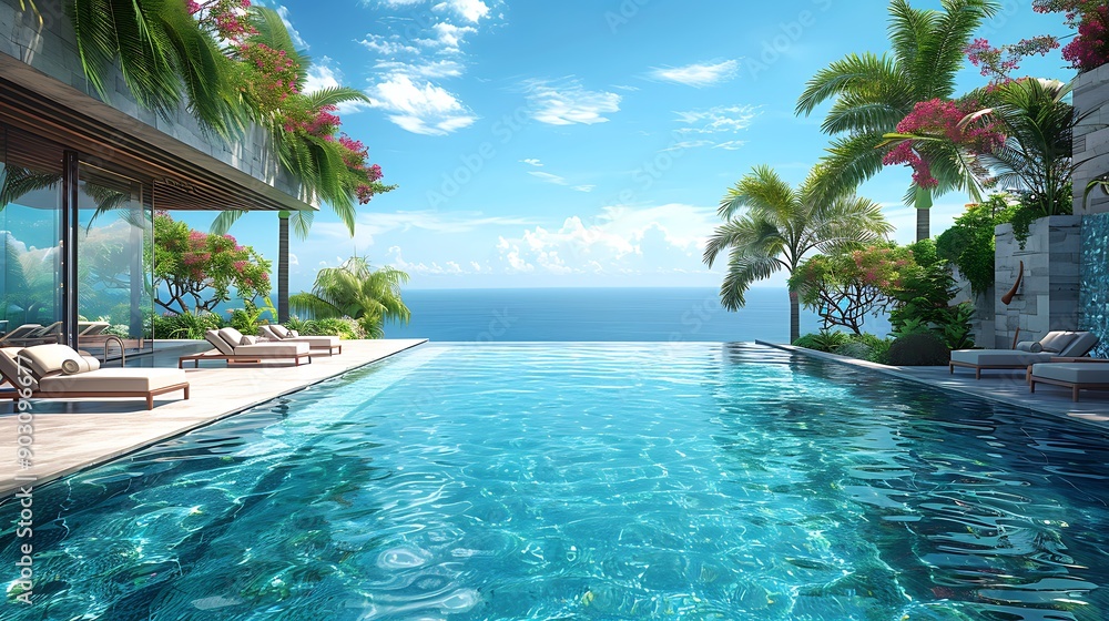 Fototapeta premium A high-resolution photograph of a luxurious infinity pool seamlessly blending into the ocean horizon, with elegant lounge chairs and tropical palm trees in the background, under a clear blue sky, crea