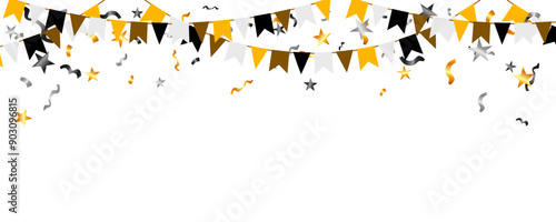 white, gold, black paper flag garland isolated vector banner, template, background