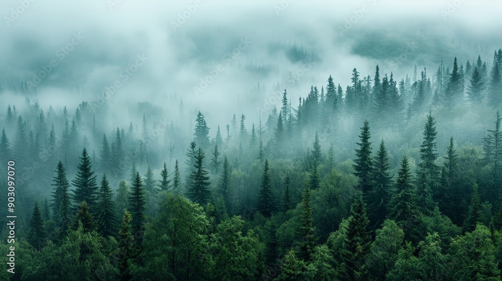 Dense foggy forest with tall trees and a mysterious atmosphere Dense foggy forest with tall trees and a mysterious atmosphere