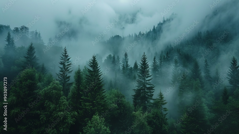 Dense foggy forest with tall trees and a mysterious atmosphere Dense foggy forest with tall trees and a mysterious atmosphere