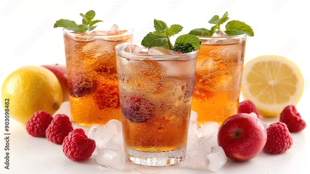 Two glasses of ice tea with raspberries and lemons on a white table with lemons and strawberries Two glasses of ice tea with raspberries and lemons on a white table with lemons and strawberries