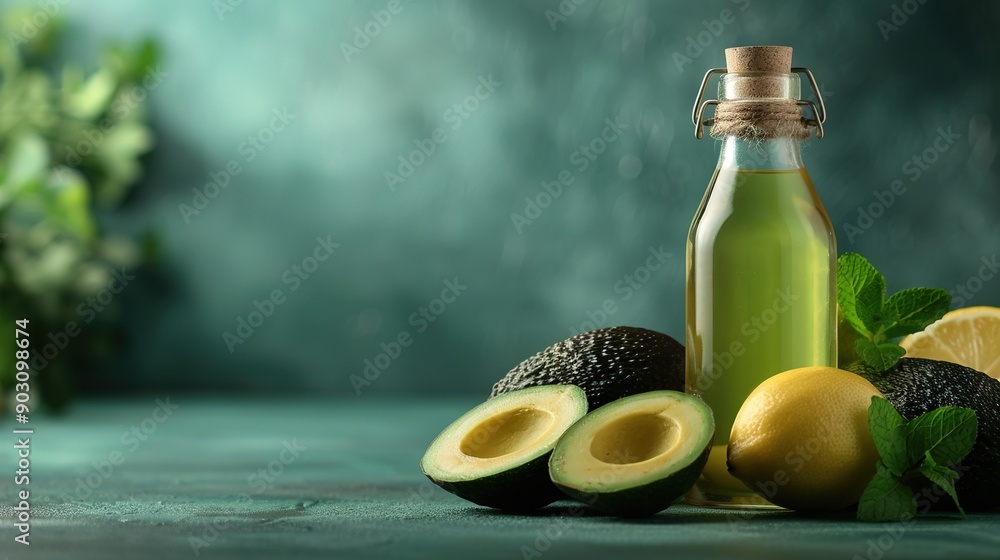 Avocado oil next to lemons, limes & limes on table Avocado oil next to lemons, limes & limes on table