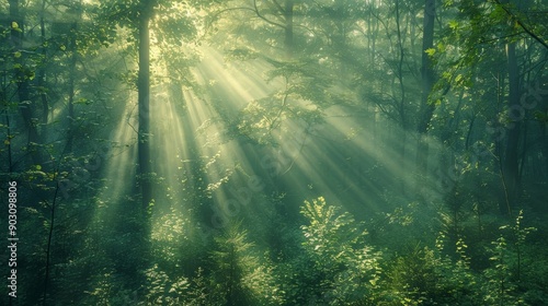 Dense forest with sunlight filtering through the trees, tranquil atmosphere