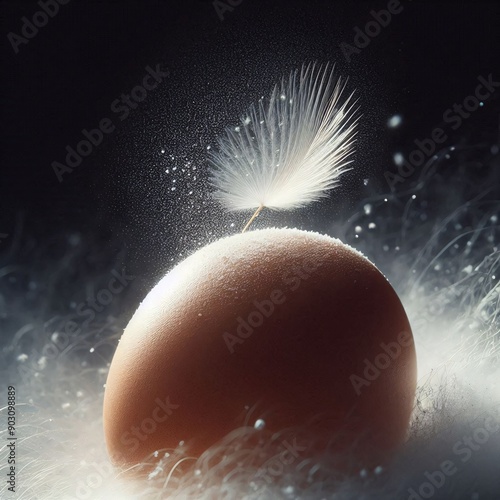 chicken egg with a feather on black background