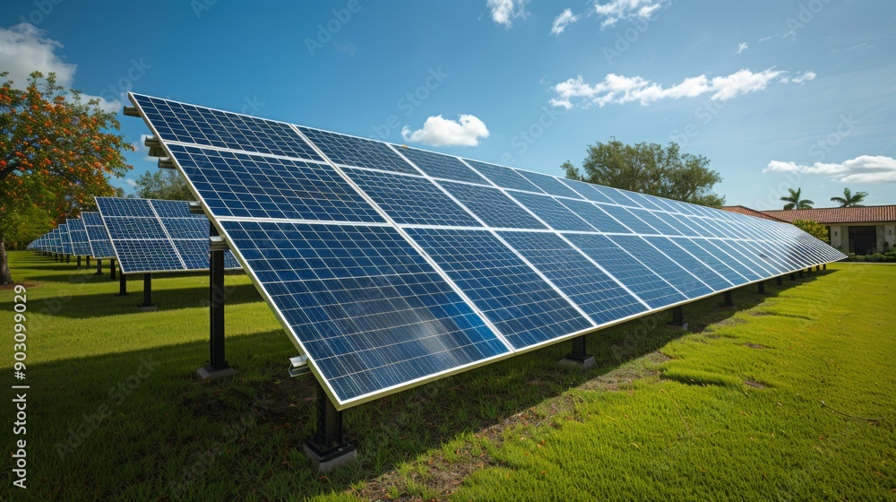 solar panels in field at photovoltaic power station, depicting green energy. solar panels in field at photovoltaic power station, depicting green energy.