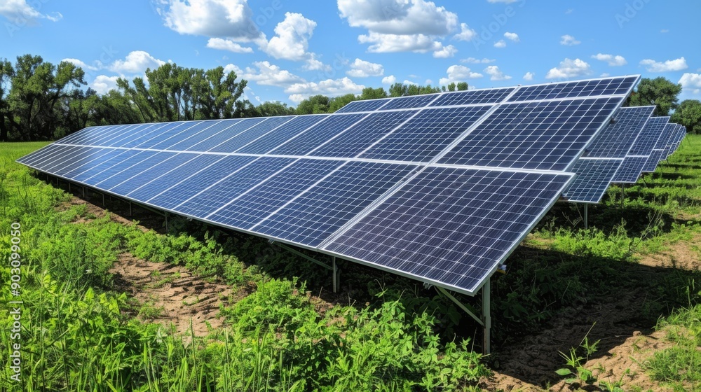 solar panels in field at photovoltaic power station, depicting green energy. solar panels in field at photovoltaic power station, depicting green energy.