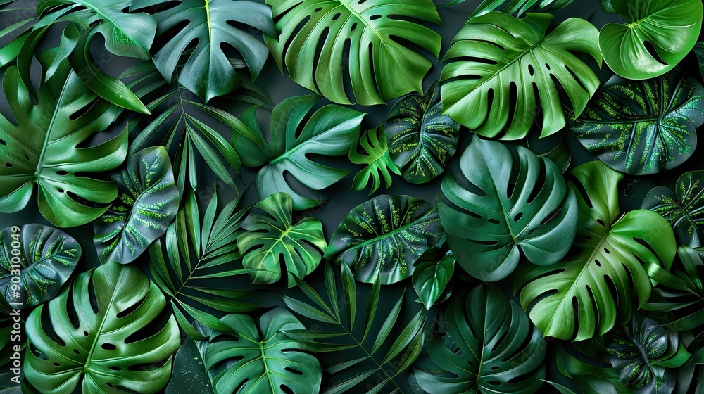 Monstera is an evergreen liana. A background of fresh tropical large carved green leaves. A plant in a botanical garden. Illustration for cover, card, interior design, poster, brochure or presentation Monstera is an evergreen liana. A background of fresh tropical large carved green leaves. A plant in a botanical garden. Illustration for cover, card, interior design, poster, brochure or presentation