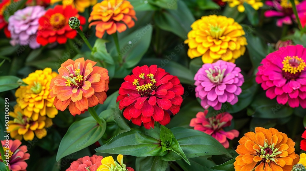 A vibrant display of zinnia flowers in a range of colors including red, orange, yellow, and pink, each flower standing out against the green foliage, creating a lively and cheerful garden scene full A vibrant display of zinnia flowers in a range of colors including red, orange, yellow, and pink, each flower standing out against the green foliage, creating a lively and cheerful garden scene full