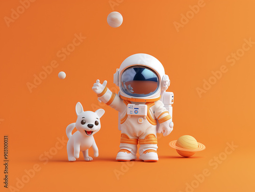 3d astronaut in white space suit with a dog isolated on orange background photo