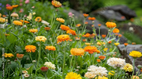 Fototapeta Naklejka Na Ścianę i Meble -  A garden filled with calendula flowers in shades of orange and yellow, their bright, round blooms creating a warm and festive atmosphere, perfect for celebrating the beauty and vitality of nature