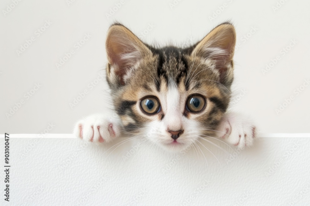 peeking kitten over a white blank drawing board, white background peeking kitten over a white blank drawing board, white background