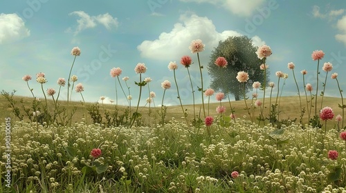  Blue sky over pink-white flower field with a tree center