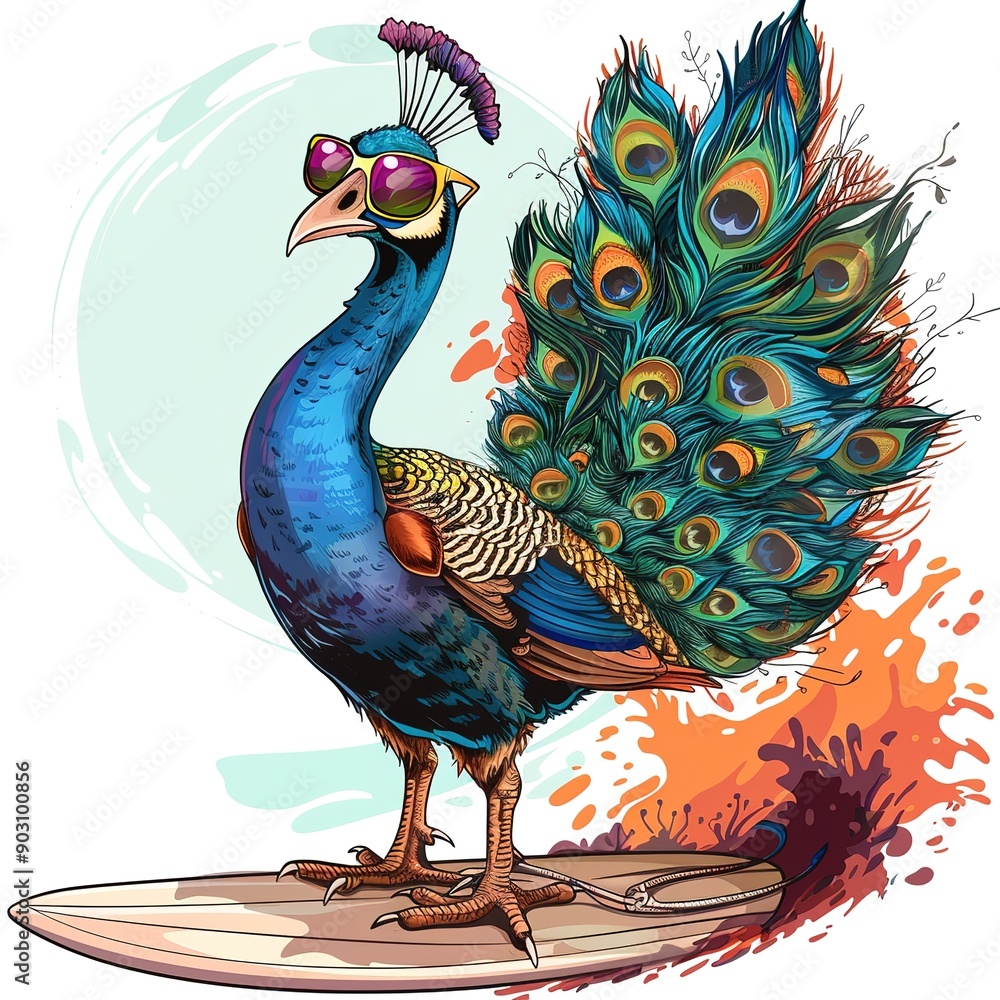 Fototapeta premium Peacock Surfer Style animal fashion cartoon isolated whitebackground 16:9