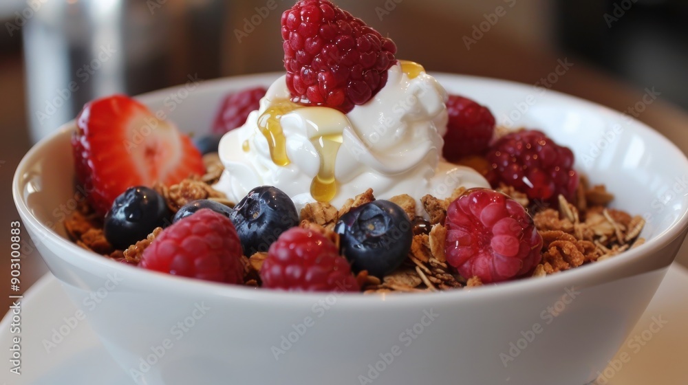 A bowl of creamy, tangy yogurt topped with fresh, juicy berries, crunchy granola, and a drizzle of sweet, golden honey, perfect for a refreshing, healthy breakfast A bowl of creamy, tangy yogurt topped with fresh, juicy berries, crunchy granola, and a drizzle of sweet, golden honey, perfect for a refreshing, healthy breakfast