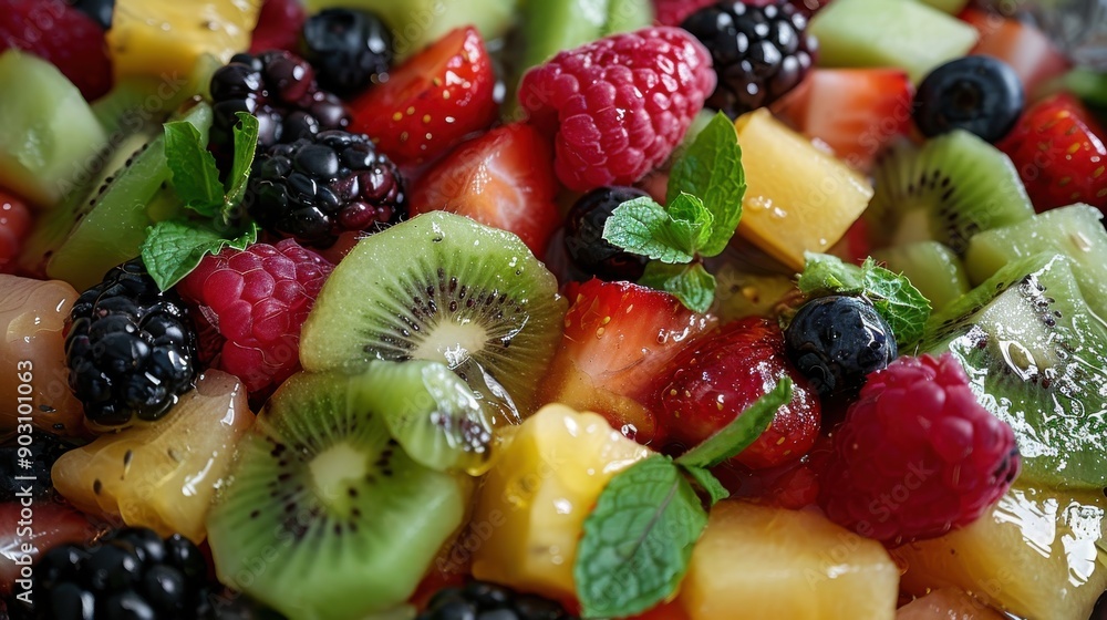Obraz premium A vibrant, colorful fruit salad featuring an assortment of fresh, juicy berries, sweet melon, and tangy kiwi, drizzled with a touch of honey and garnished with fresh mint