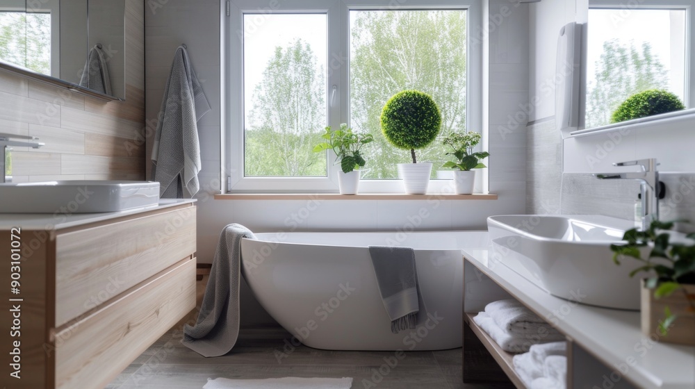 A stylish, minimalist bathroom with a freestanding tub, clean lines, and a focus on sleek, modern fixtures. A stylish, minimalist bathroom with a freestanding tub, clean lines, and a focus on sleek, modern fixtures.