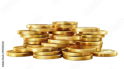 Pile of Shiny Golden Coins Stacked in Various Heights on Transparent Background photo