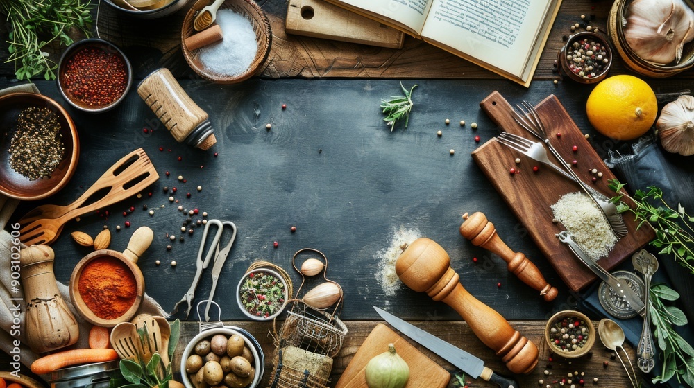 A top-down view of a kitchen counter covered with cooking ingredients, utensils, and a recipe book A top-down view of a kitchen counter covered with cooking ingredients, utensils, and a recipe book