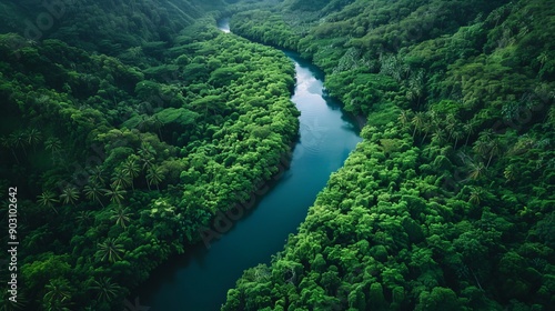 Dense jungle with a river winding through it