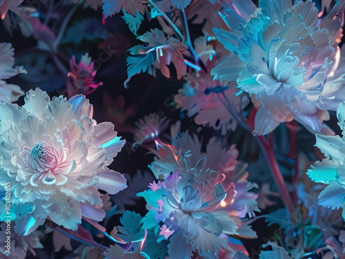 photorealistic illustration of a seamless pattern with white flowers in bright neon light