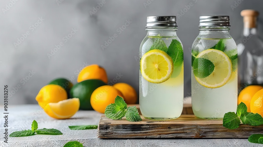 Two mason jars, one filled with lemonade and the other with mint and limeade, sit on a wooden tray surrounded by lemons and limes Two mason jars, one filled with lemonade and the other with mint and limeade, sit on a wooden tray surrounded by lemons and limes
