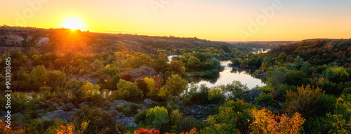 Rising sun over the scenic rocky canyon of the Southern Bug river, beautiful ...