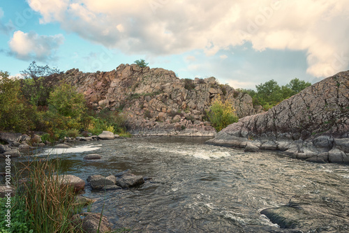 Amazing nature daytime landscape, scenic rocky canyon with Southern Bug river...