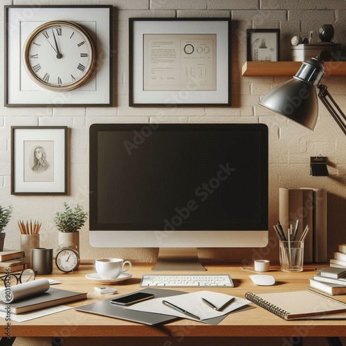 Crie um escritório com uma mesa, com um computador, lápis, café, mouse, caderno, relógio, otima iluminação, e administradores photo