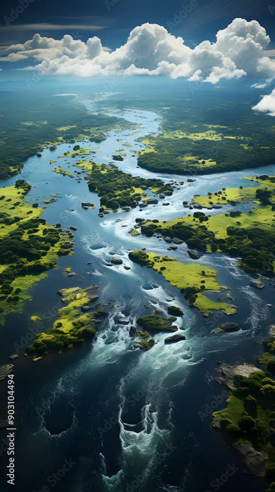 Aerial view of a river winding through a lush green landscape with whitewater rapids. The sky is blue with white fluffy clouds. Aerial view of a river winding through a lush green landscape with whitewater rapids. The sky is blue with white fluffy clouds.