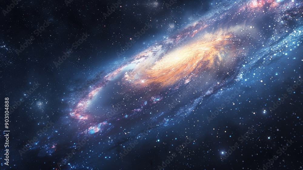 Fototapeta premium A space background featuring a breathtaking view of a distant galaxy with swirling clouds of cosmic dust, bright stars, and colorful nebulae, set against the dark expanse of the universe, capturing