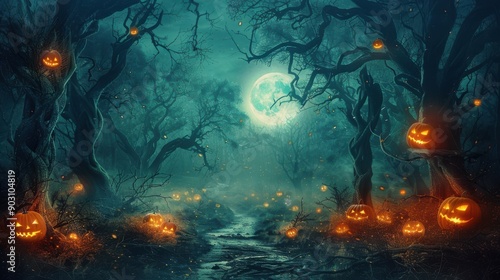 A spooky Halloween background featuring a dark, eerie forest with twisted, leafless trees, a full moon casting an ominous glow, scattered jack-o'-lanterns with sinister grins, and a misty, fog-laden