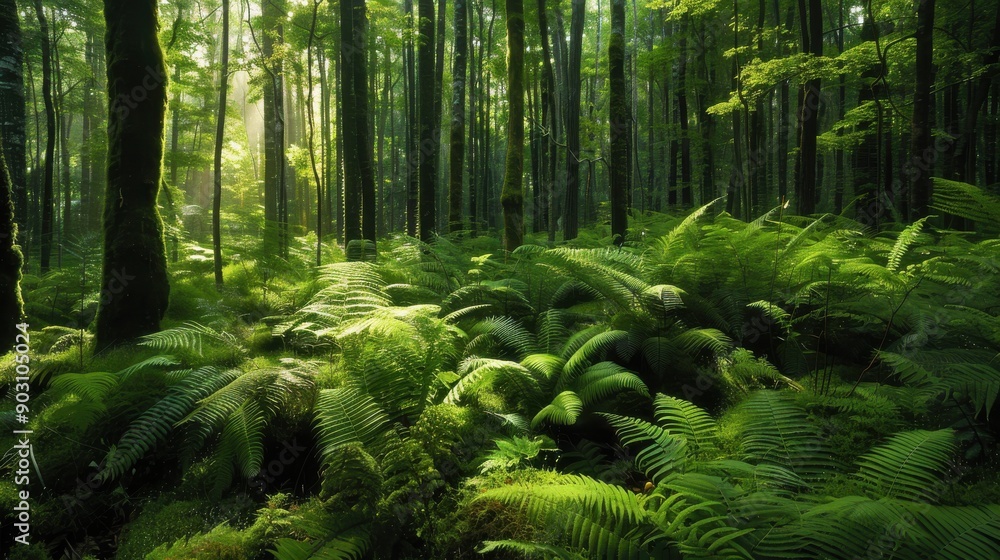 A nature background showcasing a dense forest with towering trees, dappled sunlight filtering through the leaves, and a carpet of vibrant green ferns and moss covering the forest floor, evoking a A nature background showcasing a dense forest with towering trees, dappled sunlight filtering through the leaves, and a carpet of vibrant green ferns and moss covering the forest floor, evoking a